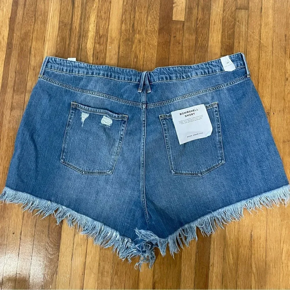 Revolve Good American Bombshell Chewed Denim Fringe Jean Shorts